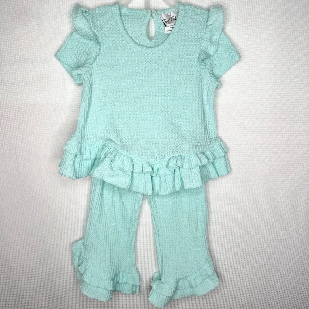 Rare Editions Girls Mint Green Waffle Knit Ruffle Peplum Top Pants Set 4T